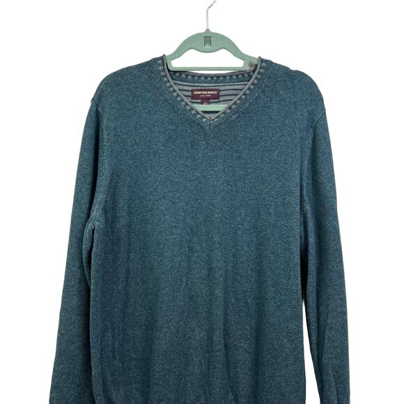 Johnston Murphy Mens Knit Sweater Merino Wool Blend‎ V Neck Green Gray Size L - Picture 2 of 5